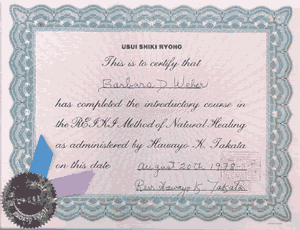 Diploma di Primo Livello Reiki della dott.ssa Barbara Weber Ray