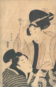 hokusai katsushika - Man with Saki Cup & Courtesan